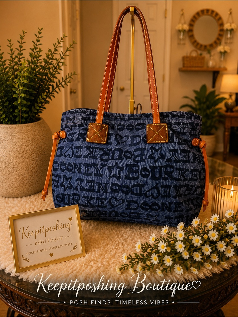 Dooney & Bourke denim Navy Logo Jacquard Tote with Tan Leather Handles
